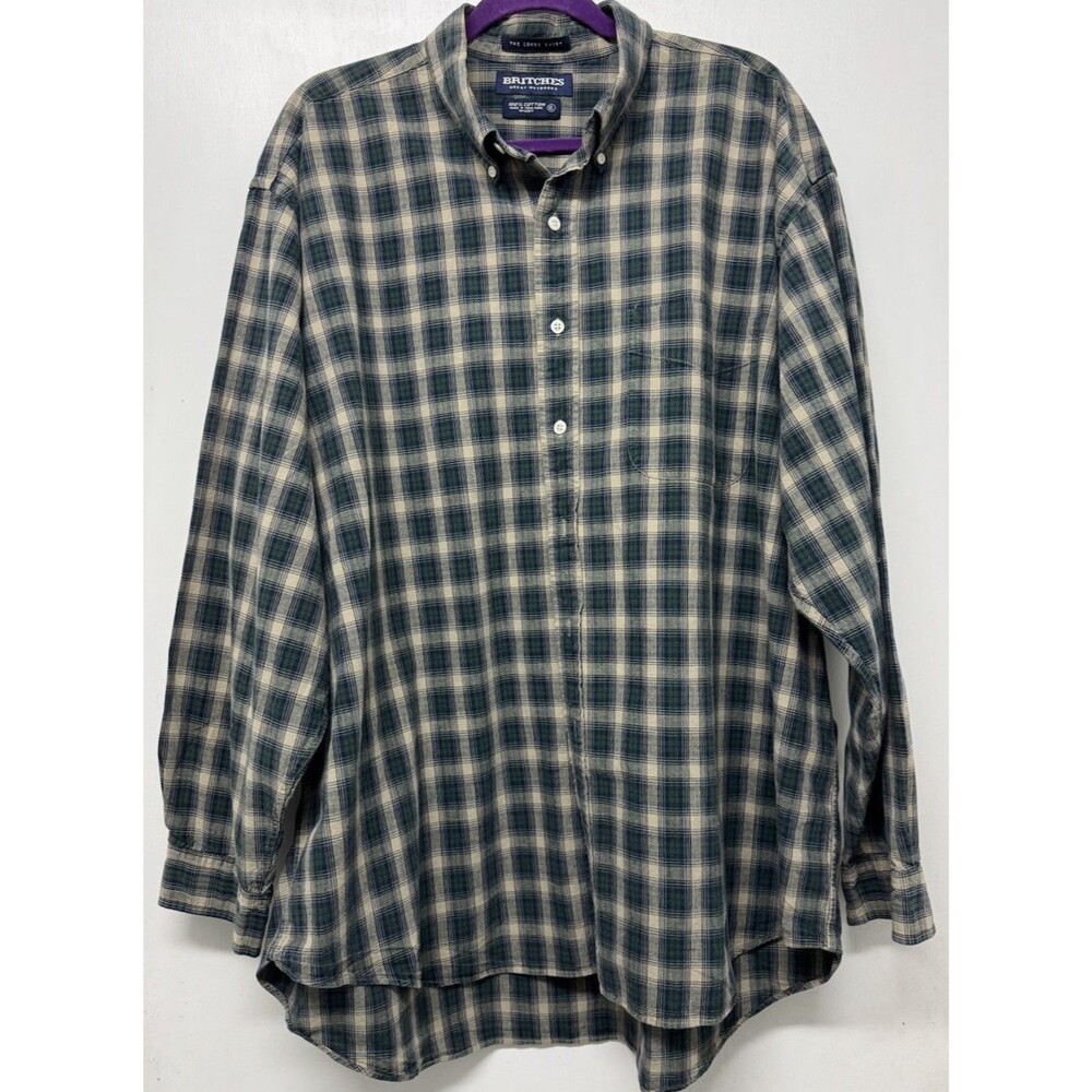 Britches Mens XL 100% Cotton Flannel Shirt Green/Tan Plaid Long Sleeve Outdoor